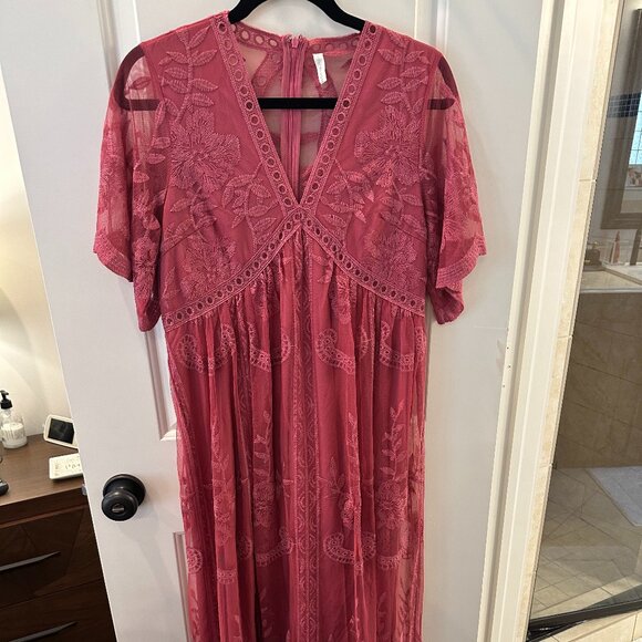 PinkBlush Magenta Lace Mesh Overlay Maternity Maxi Dress - Picture 4 of 5